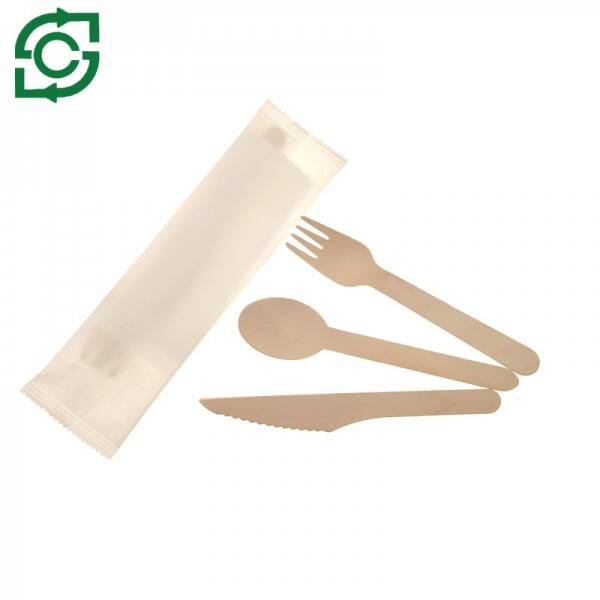 Eco-Friendly Disposable Wooden Cutlery With White Paper Bag