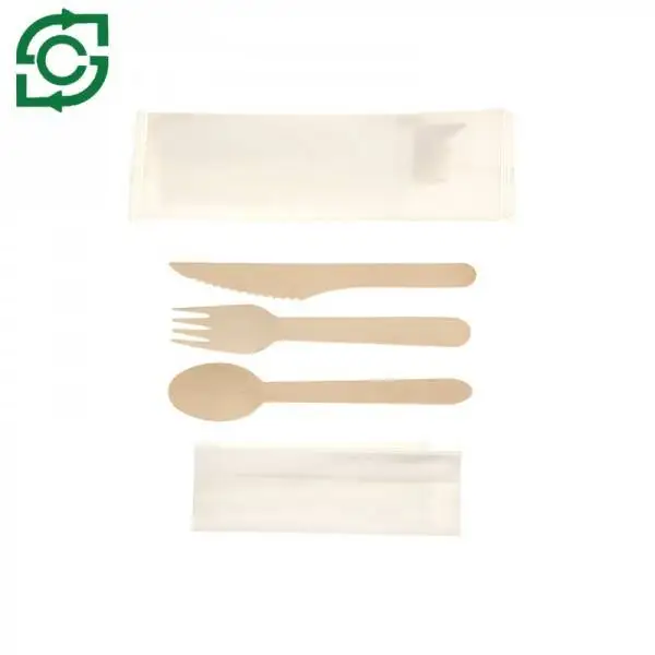 Eco-Friendly Disposable Wooden Cutlery With White Paper Bag