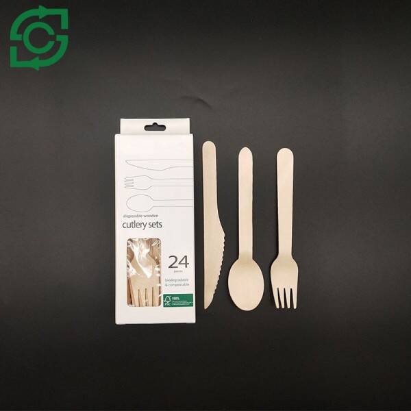 Eco-Friendly Disposable Wooden Cutlery With Paper Box -24pcs